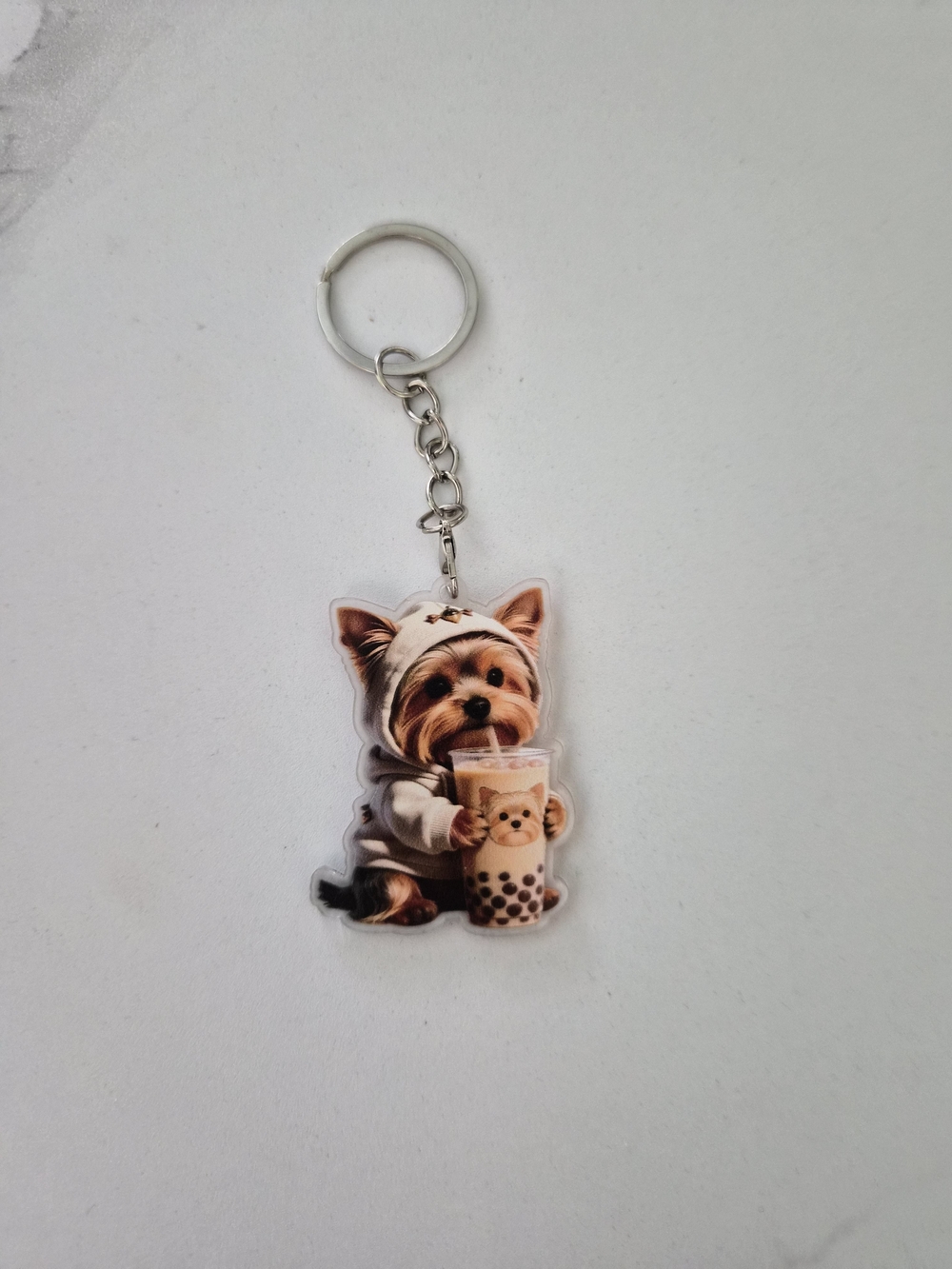 Cute Yorkie with Bubble Tea Keychain - White Hoodie